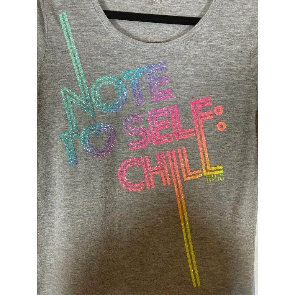 Justice Girls Size 16 Gray Graphic T Shirt Note To Self Chill Rainbow Glitter